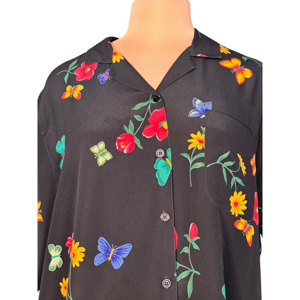 Vintage Butterfly Floral Button Up Shirt Black Colorful Lightweight Whimsical 22